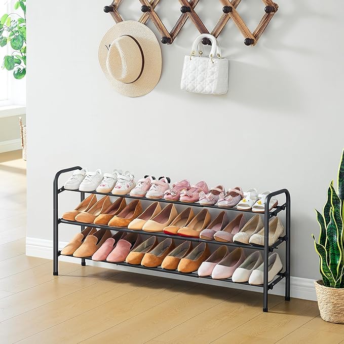 3 Tier Shoe Organizer, Shoe Rack for Closet, 28“ Metal Shelf Can Expandable to 42“, for Bedroom, Entryway, Closet, Garage, Adjustable to 18 Pairs Shoes, Black-NeatNest