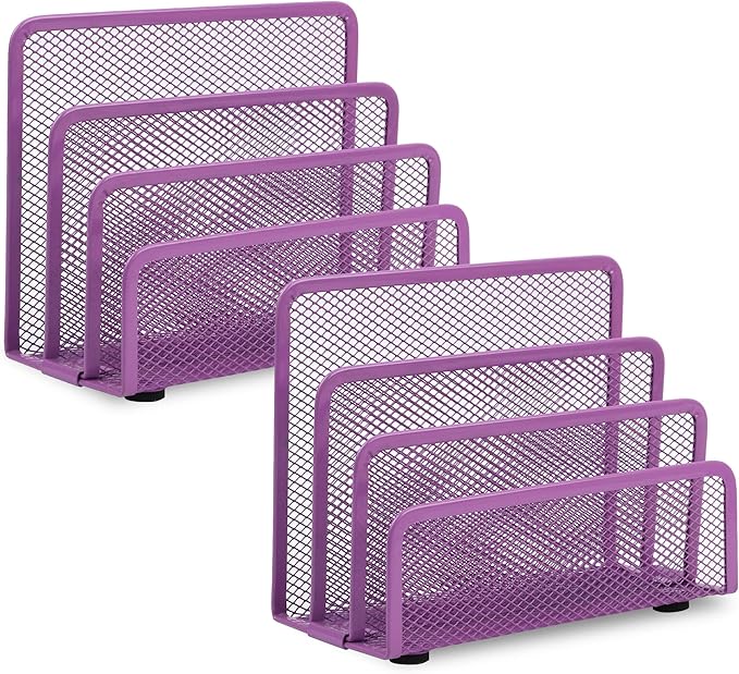 EASEPRES Desk Mail Organizer, Office Small Desktop Metal Mesh Envelope Letter Sorter Paper File Holder Organizer with 3 Vertical Upright Compartments, Purple 2 Pack