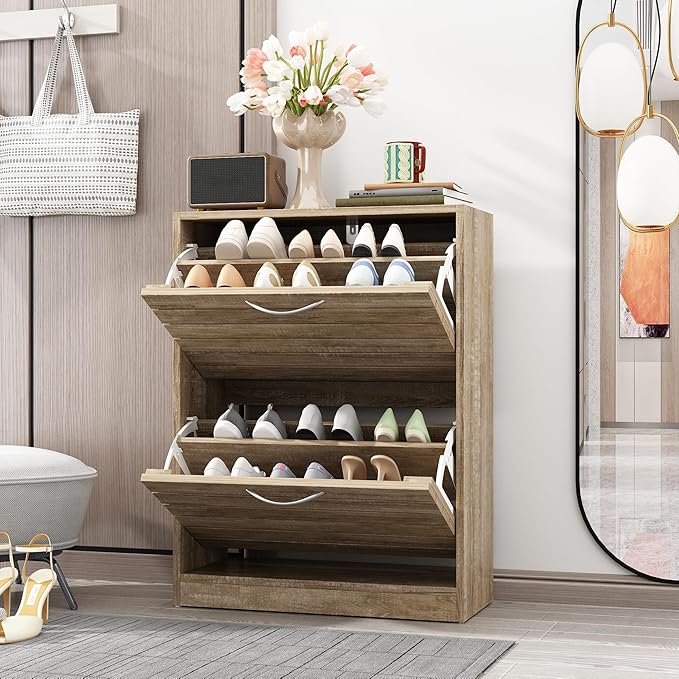 Shoe Cabinet with 2 Flip Drawers, Shoe Storage Organizer with 2-Tier Shelf for Entryway, Freestanding Shoe Rack Storage Organizer, Light Brown-NeatNest