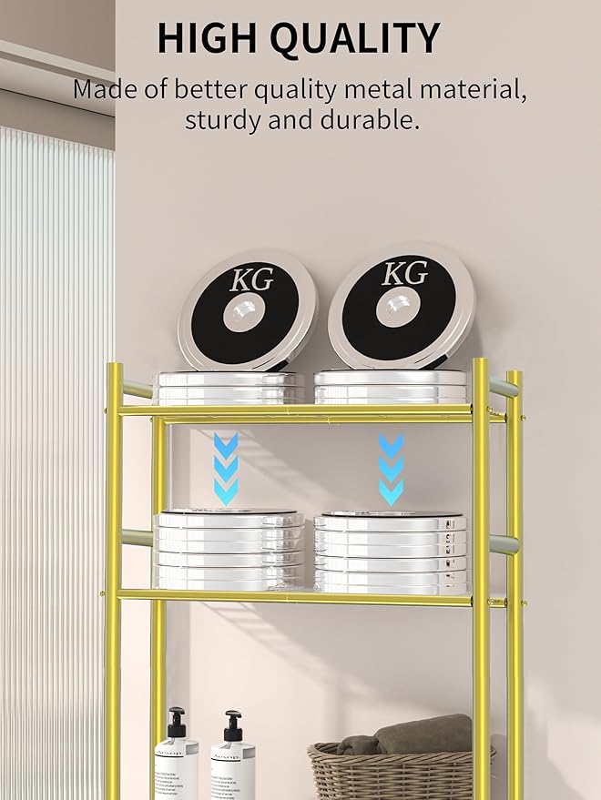 3 Tier Over The Toilet Storage Rack with 2 Basket, Metal Freestanding Bathroom Shelves Toilet with Paper Holder and 4 Hooks, Over Toilet Storage Shelf for Bathroom Storage, Glod-NeatNest