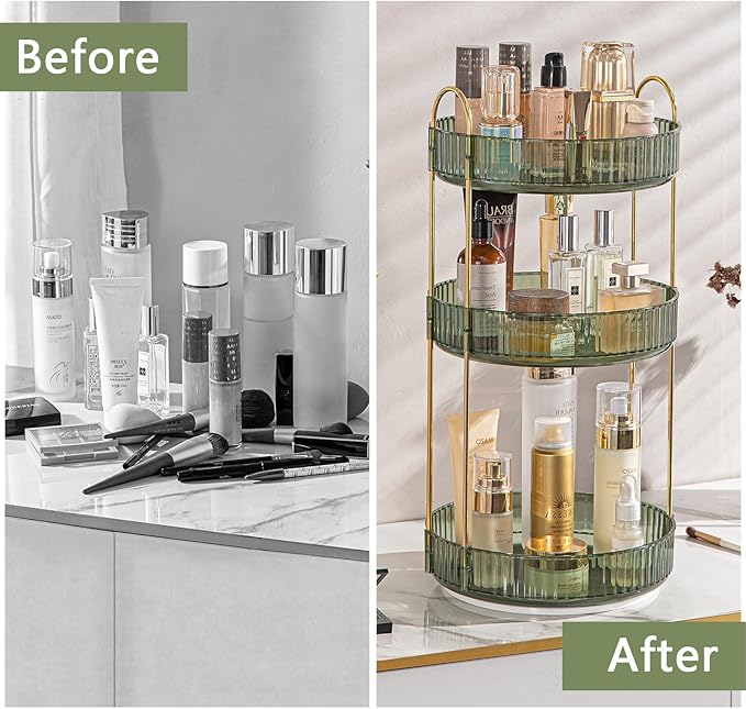 Rotating Makeup Organizer for Vanity, High-Capacity Skincare Clear Make Up Storage Perfume Organizers Cosmetic Dresser Organizer Countertop 360 Spinning (Green, 3 Tier)-NeatNest