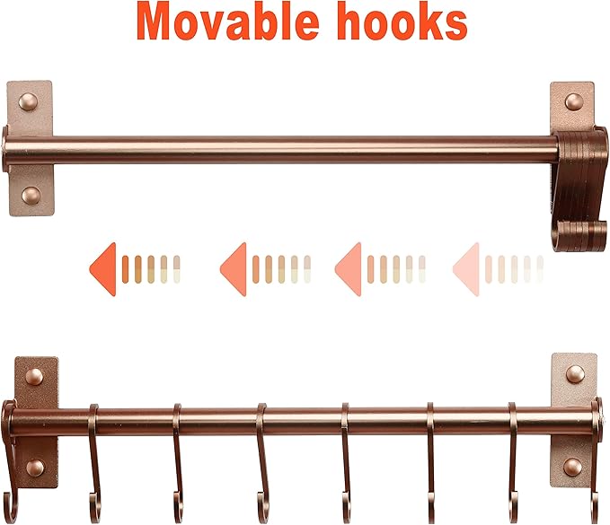 Dseap Kitchen Utensil Holder Hanger, Pot and Pan Rack Wall Mounted, Kitchen Rail with 8 Hooks for Hanging Cooking Utensils, Mugs, Spoons, Wall Mounted, Rose Gold-NeatNest