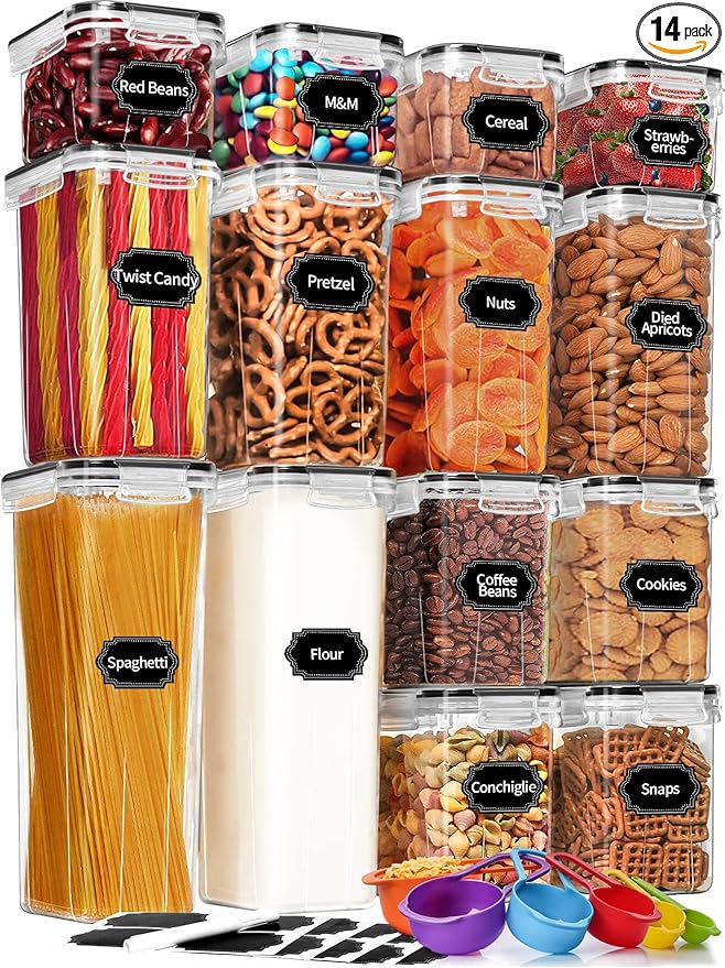 Skroam 14 Pack Airtight Food Storage Containers for Kitchen Pantry Organization and Storage, Plastic Canister Set with Lids, Cereal, Flour & Sugar Containers- Spoon Set, Labels & Marker