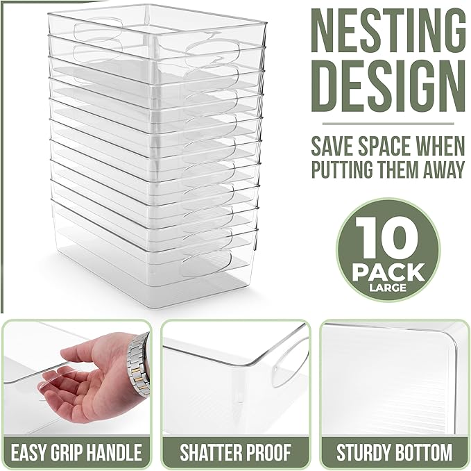 Sorbus 10-Pack Large Clear Plastic Organizing Bins – Clear Bins for Organizing, Refrigerator Organizers, Fridge Organizer, Pantry Storage, Kitchen Organizer, and Pantry Organizers and Storage Bins