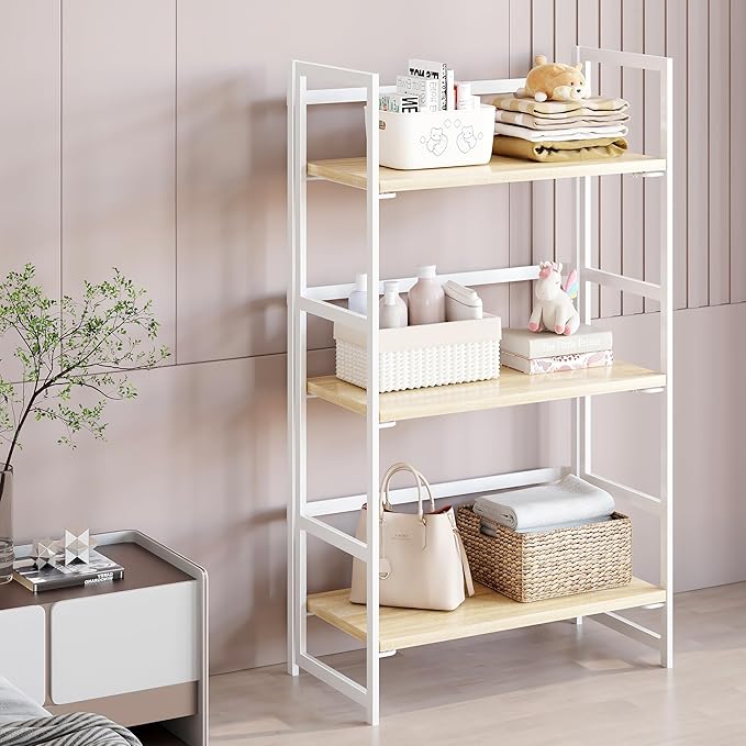 BHG Vintage Multifunctional Folding Bookshelf, No-Assembly Plant Stand Storage Rack Shelves for Home Office (White, 3-Tier)-NeatNest