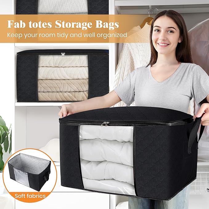 Fab totes 10 Pack Clothes Storage, Foldable Thick Fabric Blanket Storage Bags, Containers for Organizing Bedroom, Closet, Clothing, Comforter,Closet Organization with Handle,Black-NeatNest