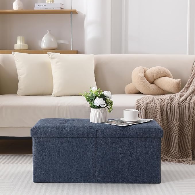 CUYOCA Storage Ottoman Bench Foldable Seat Footrest Shoe Bench End of Bed Storage with Flipping Lid, 75L Storage Space, 30 inches Linen Fabric Navy-NeatNest