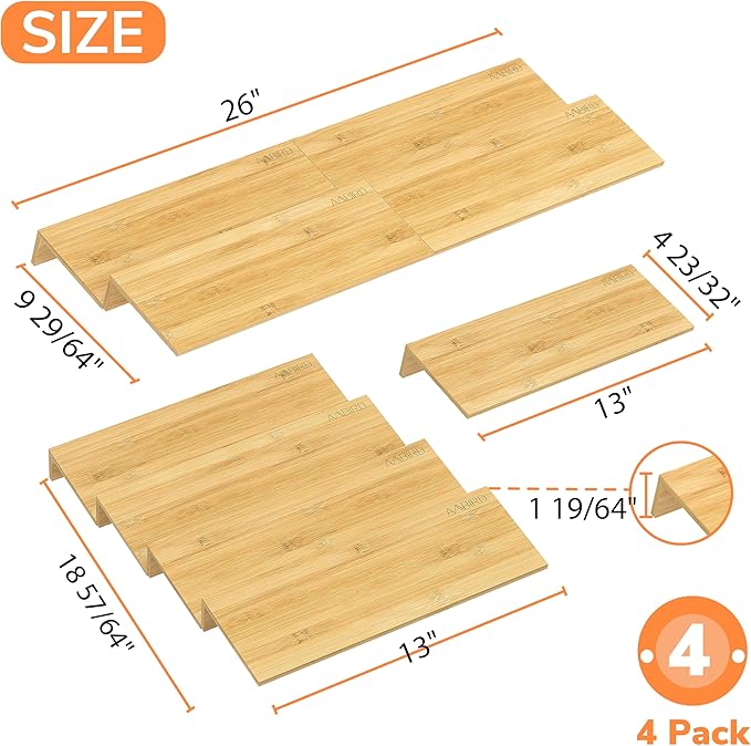 AMBIRD Bamboo Spice Drawer Organizer with Non-slip Mat, 4 Tier Jar Spice Rack Tray 13'',Seasoning Organizer for Kitchen,Cabinet,Drawers,Countertop-NeatNest