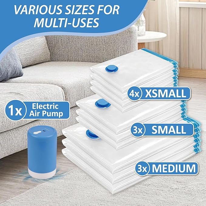 Cozy Essential Travel Vacuum Bags with Electric Pump, 10 Pack Vacuum Travel Bags for Luggage and Suitcase, Vacuum Seal Space Saver Compression for Clothes Clothing-NeatNest