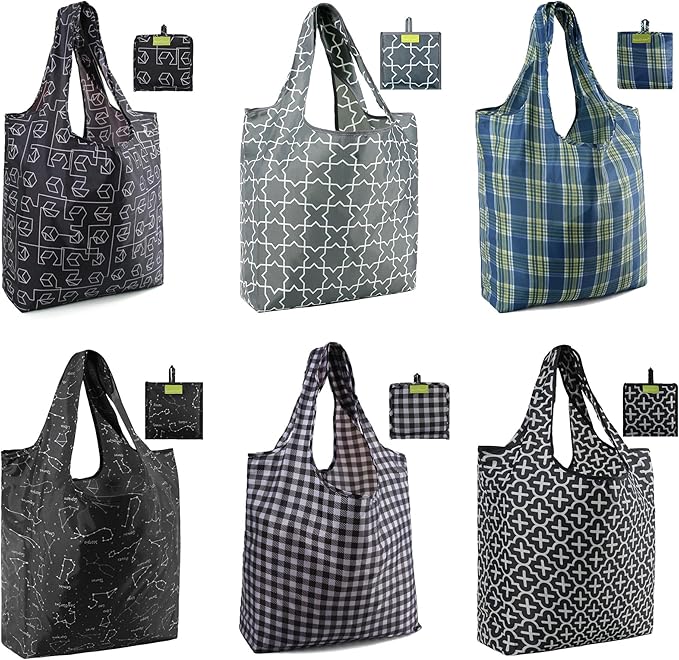 BeeGreen Reusable Gift Bags with Handles Geometry Design -Reusable Grocery Bags Pack of 6 Foldable Totes for Women - Machine Washable Polyester Shopping Bags for Women Travel (Collapsible)-NeatNest