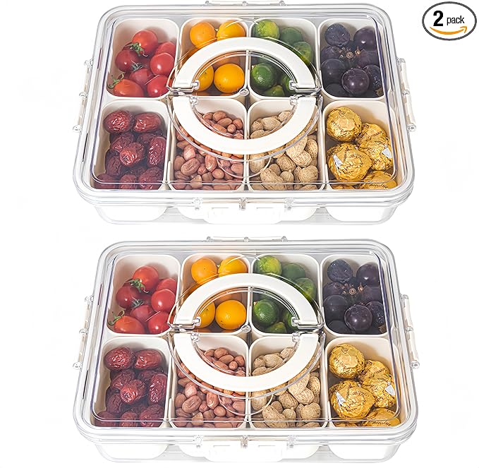 Divided Serving Tray with Lid and Handle - Divided Snack Tray for Portable Snack Platters - Clear Organizer for Candy, Fruits, Nuts, Snacks - Perfect for Party, Entertaining,2 pcs-NeatNest
