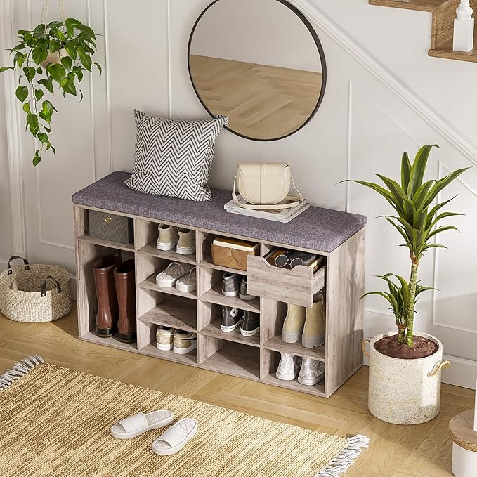 DINZI LVJ Shoe Bench, Entryway Storage Bench with Drawer and 15 Cubbies, Cubby Shoe Rack with Adjustable Shelves, Shoe Organizer Cabinet for Living Room, Bedroom, Mudroom, Closet and Garage, Greige-NeatNest