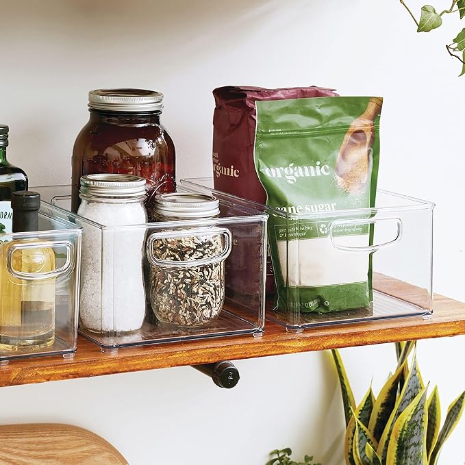 InterDesign iDesign Plastic Stackable Pantry Bin - Organizer Bin with Handles for Cabinets or Fridge - Set of 4 - Clear