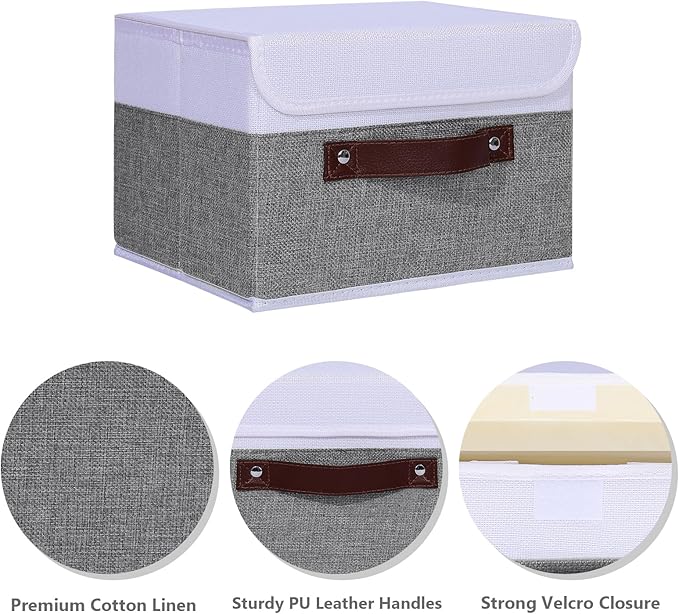 ANMINY 4PCS Storage Boxes with Lid Washable Decorative Storage Bins Basket with PU Leather Handle Foldable Linen Fabric Storage Cubes Containers for Home Closet Organizer - Gray White, Small Size-NeatNest