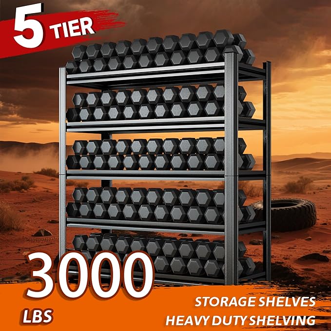 Heavy Duty 5-Tier Shelving Unit 3000LBS Capacity - Adjustable Steel Garage Shelves for Warehouse, Basement Storage(77''H x 39.4''W x 13.8''D)-NeatNest