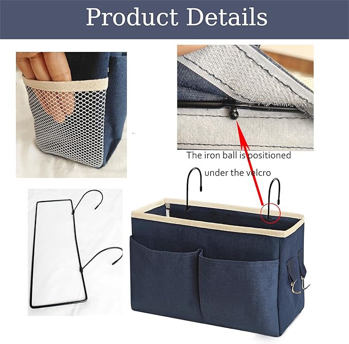 Bedside Caddy Bedside Hanging Storage Basket Multi-Function Organizer Caddy for Bunk and Hospital Beds Dorm Rooms Bed Rails, Can be Placed Glasses Books Mobile Phones(Navy Blue)-NeatNest