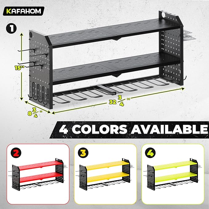 KAFAHOM Power Tool Organizer,Large 8 Drill Holder Wall Mount with 2 Side Pegboards,Metal Tool Shelf with 12 Hooks,Storage Rack for Garage Organization,Utility Cordless Drill Holder - Black