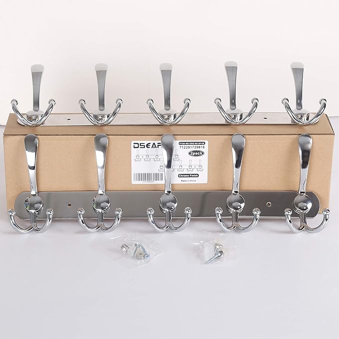 Dseap Wall Mounted Coat Rack - 5 Tri Hooks, Heavy Duty, Stainless Steel, Metal Coat Hook Rail for Coat Hat Towel Purse Robes Mudroom Bathroom Entryway (Chromed, 2 Packs)-NeatNest