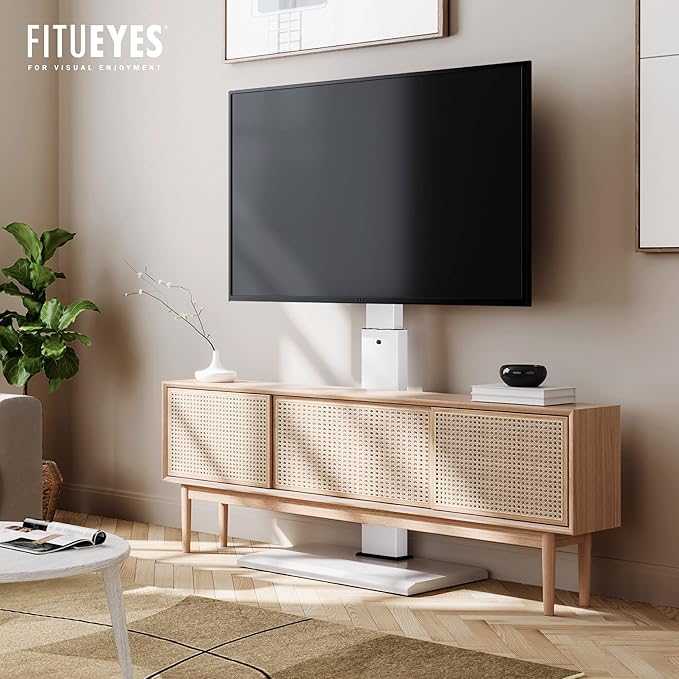 FITUEYES Iron Base Universal Floor TV Stand with Swivel Mount Space Saving for 32-75 Inch LED LCD OLED Plasma Flat Panel or Curved Screen TVs Height Adjustable Wire Management (White)