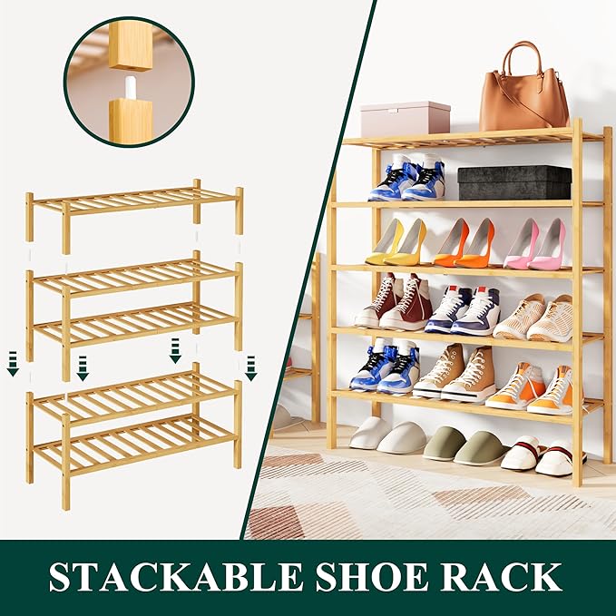 Smiry Shoe Rack, 2 Tier Bamboo Shoe Organizer, Stackable Free Standing Wooden Shoe Storage Shelf for Closet, Entryway, Front Door Entrance, Natural-NeatNest