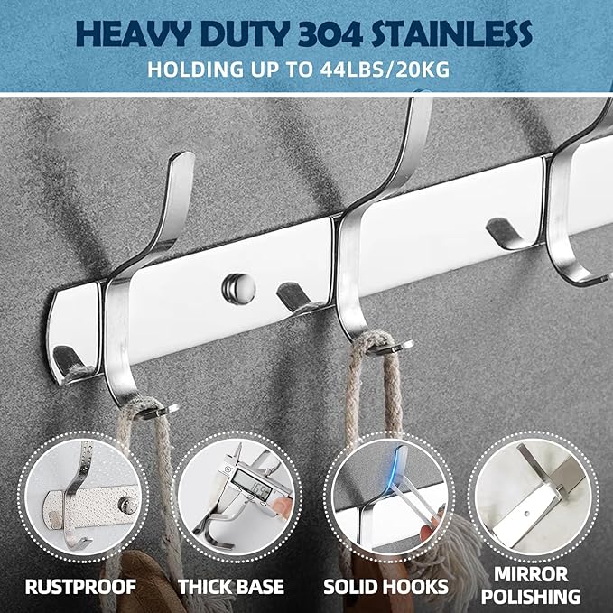 2 Pack Thickened 304 Stainless Steel Coat Hooks - 16 Inches 5 Two-Hooks Coat Rack Wall Mounted, Rustproof Heavy Duty Coat Rack Wall Mount, Brushed Nickel Coat Hooks, Holding up to 44 lbs, Silver