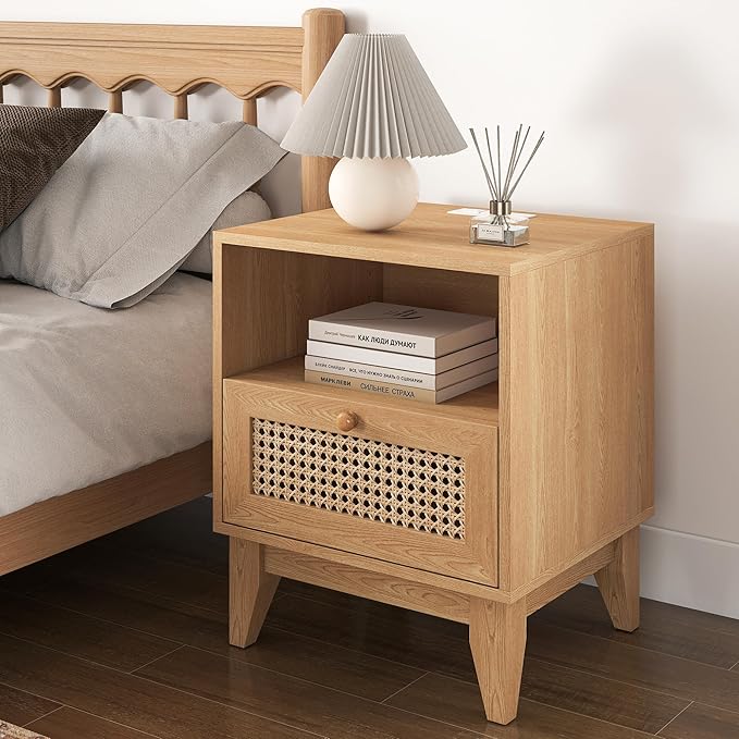 Rattan Bed Side Tables of 2 with Charging Station Wood Farmhouse Nightstands Set of 2 with USB and Type-C Ports for Bedroom Oak Rustic End Table with Drawer and Opening Shelf for Living Room
