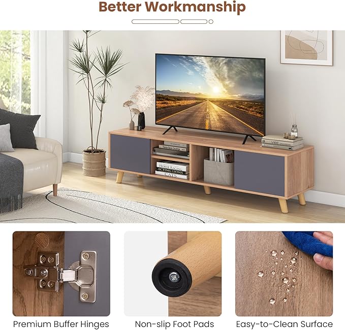 Tangkula TV Stand for TVs up to 65 Inch, Media Entertainment Center with 2 Doors, Open Shelves, TV Console Table with 3 Cable Management Holes, TV Cabinet for Living Room (Natural + Gray, for 65" TV)-NeatNest