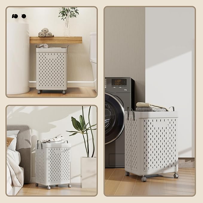 UAK Laundry Basket with Wheels, Collapsible Plastic Laundry Hamper with Handle, Foldable Laundry Basket Organizer for Laundry and Bathroom (Light Grey, XXL)