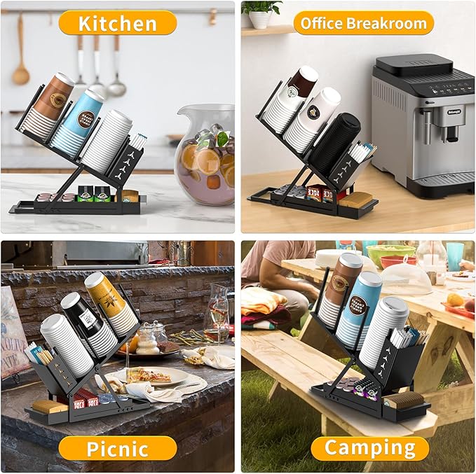 Cup and Lid Holder with Straw Organizer Coffee Station Organizer, Metal Cup Dispenser 5 Compartment Coffee Cup Holder for Coffee Bar Accessories, Disposable Paper Cups, Plastic Cups, Lids-NeatNest