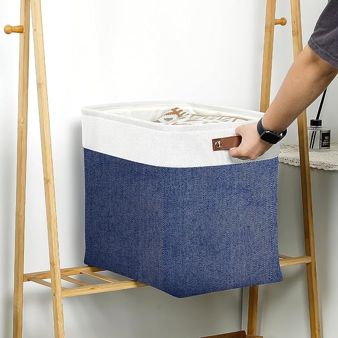 DULLEMELO Large Storage Basket 17"x12"x15",Fabric Organizer Bin for Storage Clothes, Toys, Books,Storage Bin with Handles for Bedroom, Closet, Nursery (White&Blue,1 Pack)-NeatNest