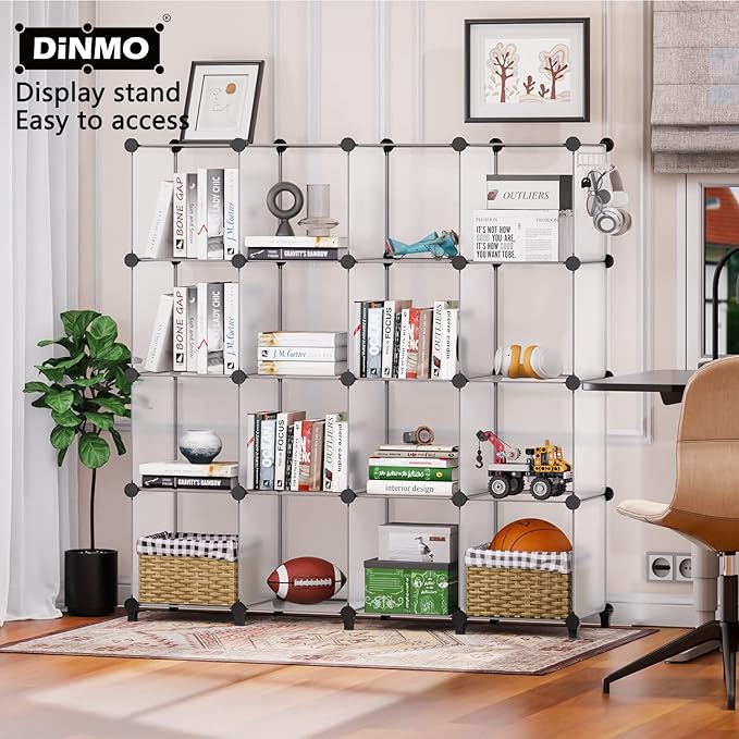 DINMO 16 Cubes Storage Organizer, Bookcase, Display Shelf with Wooden Mallet, Cabinet Storage for Kids, Adult, Office, Bedroom, Bathroom, White-NeatNest
