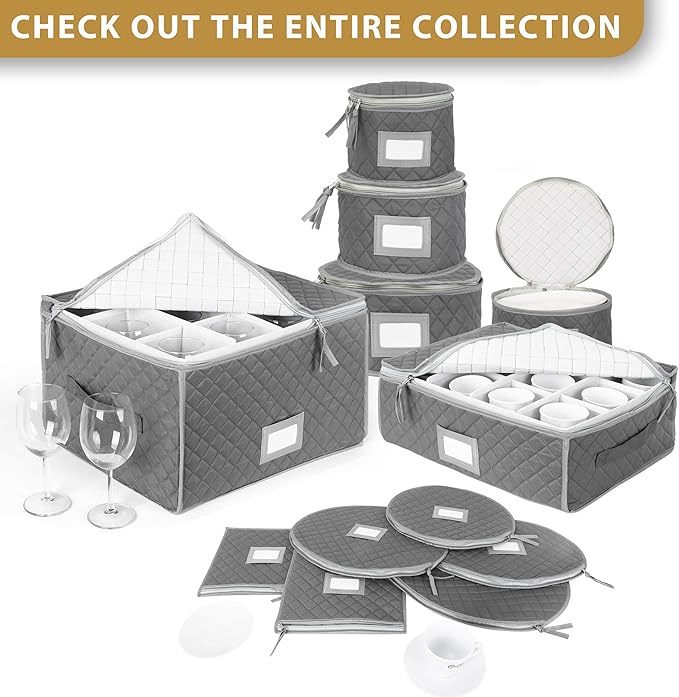 Fine China Storage - Set of 4 Quilted Cases for Dinnerware Storage. Sizes: 12" - 10" - 8" and 7" Wide - Gray - 48 Felt Plate Separators Included-NeatNest