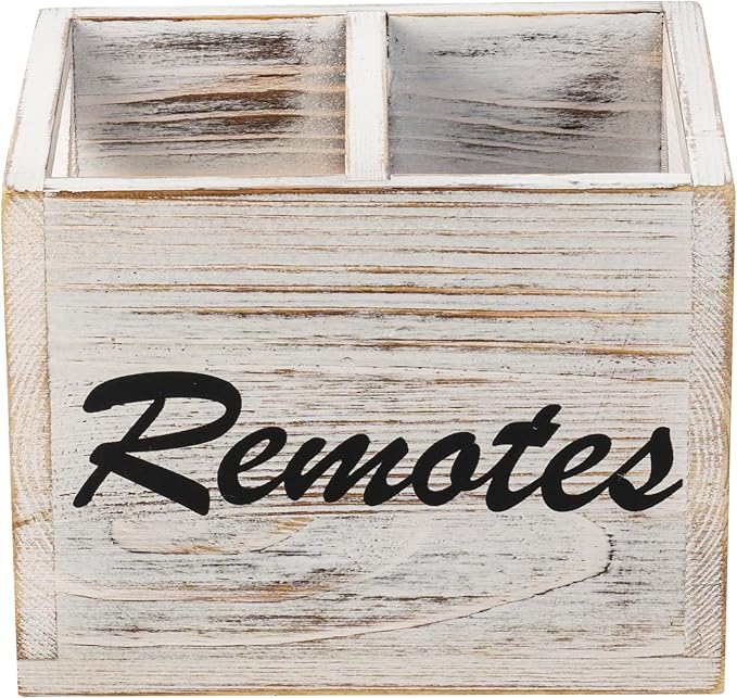 FARM IN Remote Control Holder,TV Remote Holder,Remote Caddy,Solid Wood Remote Control Holder with Cursive Letters Design, Whitewashed Solid Pine Wood with Black Cursive Letters Remotes-NeatNest