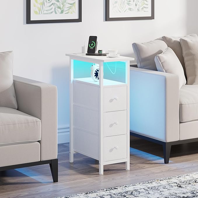 End Table with Charging Station, Narrow Side Table with 3 Fabric Drawers, Skinny Nightstand with LED Light, Slim Bedside Table for Bedroom, Living Room, Small Spaces, White
