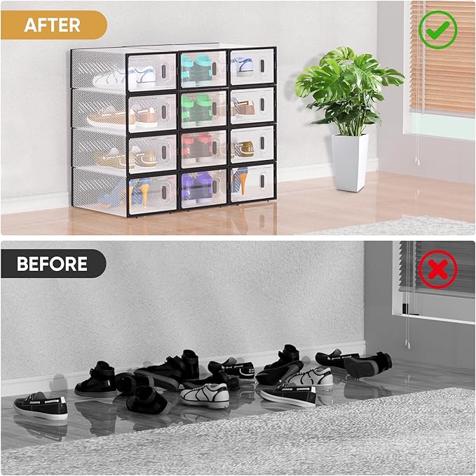 BALEINE 3 Pack Stackable Shoe Storage Boxes Fit Size 11, Thickened Clear Shoe Box Bins with Lids, Plastic Foldable Shoe Rack Organizer Sneaker Storage Containers (X-Large, White)