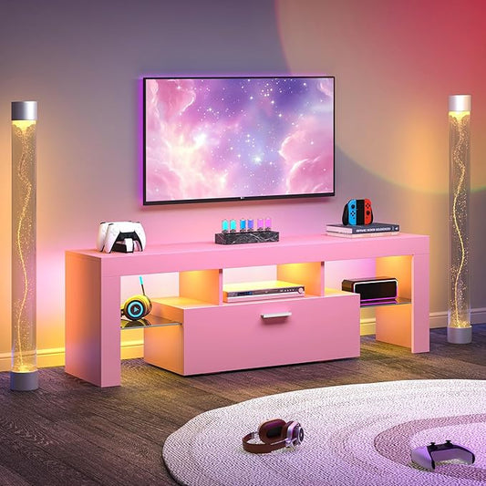 Clikuutory Modern Lighting 51 inch TV Stand with Large Storage Drawer for 32 40 50 55 Inch TVs, TV Console with 20 Color LED Lights, Entertainment Center Media and Open Shelf for Bedroom, Pink-NeatNest