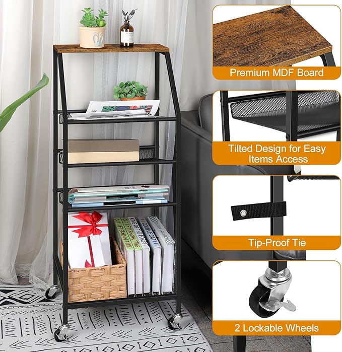 Bathroom Towel Stand Freestanding 5 Tier Metal Utility Rolling Cart with Storage for Home Kitchen Living Room Office, Rustic Brown