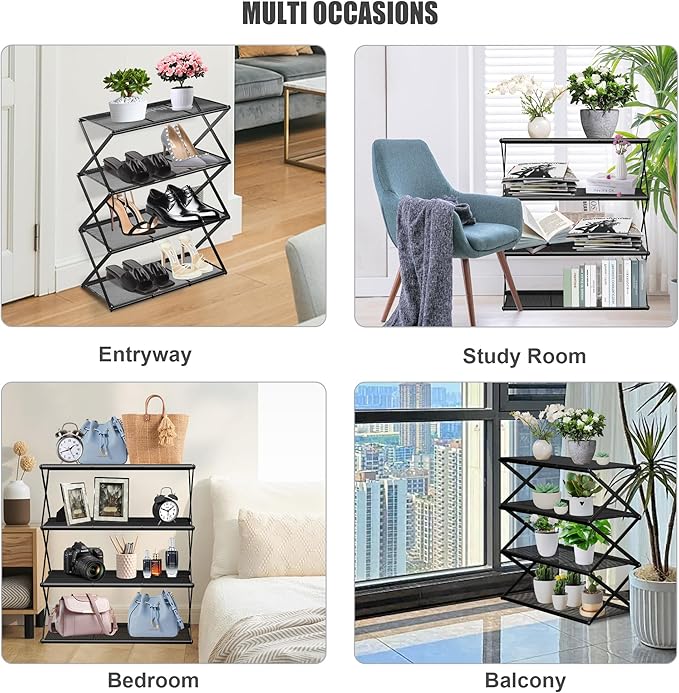 Shoe Rack for Entryway 4 Tier Foldable Shoe Rack Without Assembly Collapsible Metal Shoe Organizer Folding Shoe Storage Rack for Door, Living Room, Black-NeatNest