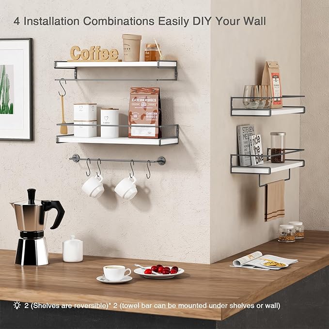 Forbena White Floating Shelves for Bathroom Organizer Over Toilet, Bathroom Shelves Wall Mounted with Towel Rack, Corner Wall Shelf for Bedroom Decor Kitchen Storage (White-Dark Grey, Set of 2)