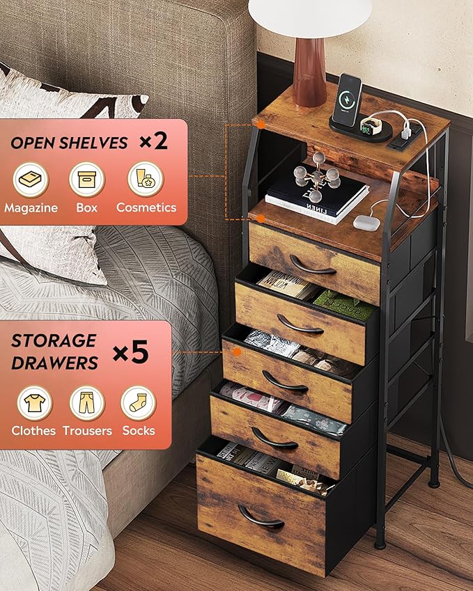 WLIVE LED Nightstand with Charging Station, Fabric Dresser with 5 Drawers for Bedroom, Tall Night Stand with Open Shelves, Bed Side Tables Living Room, Rustic Brown