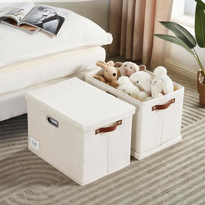 17" Large Collapsible Storage Bins with Lids, Stackable Closet Organizers with PU Handle and Labels, 3-Pack Decorative Fabric Storage Boxes for Home, Bedroom, Closet, Office, Nursery(White)-NeatNest