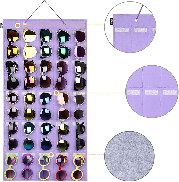 AROUY Sunglasses Organizer - Hanging Wall Pocket with 25 Felt Slots, Metal Hook and Sturdy Rope (Purple, Large)-NeatNest