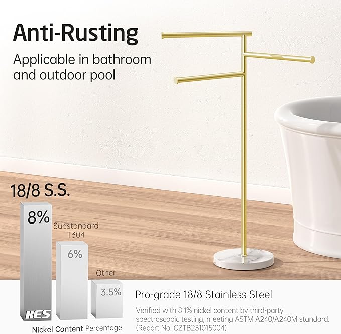 KES Brushed Gold 40-Inch Freestanding Towel Racks for Bathroom with Weighted Natural Marble Base, 3 Swivel Arms Bath Floor Free Standing Towel Racks, 18/8 Stainless Steel, BTH219-BZ