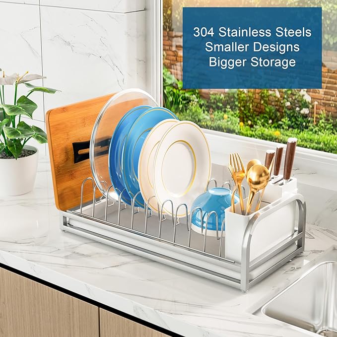 Dish Drying Rack Small for Kitchen Counter, 304 Stainless Steel Small Dish Rack w Cutlery Holder, Dish Drainer for Pots & Pans, Cutting Boards, Plates, Serving Trays & Lids (Silvery)