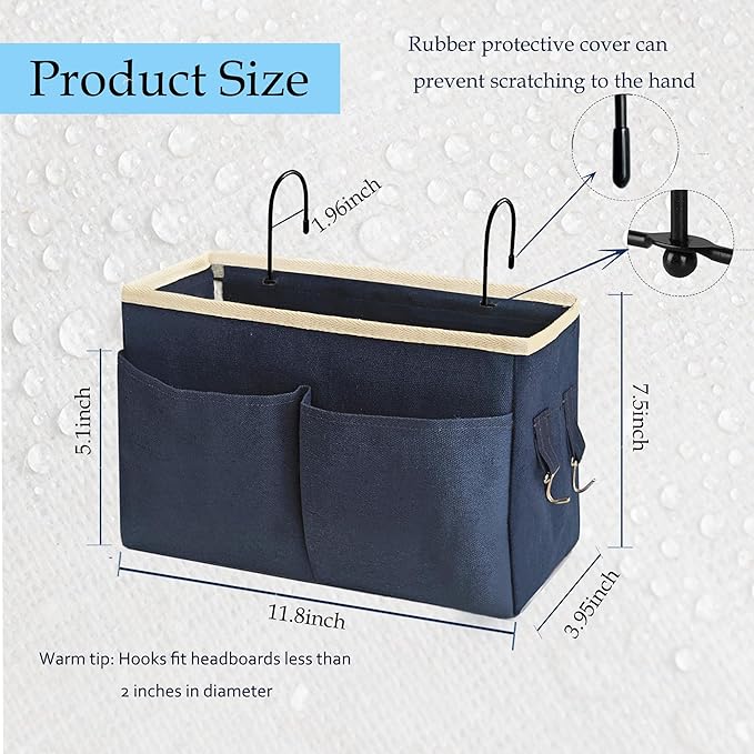 Bedside Caddy Bedside Hanging Storage Basket Multi-Function Organizer Caddy for Bunk and Hospital Beds Dorm Rooms Bed Rails, Can be Placed Glasses Books Mobile Phones(Navy Blue)-NeatNest