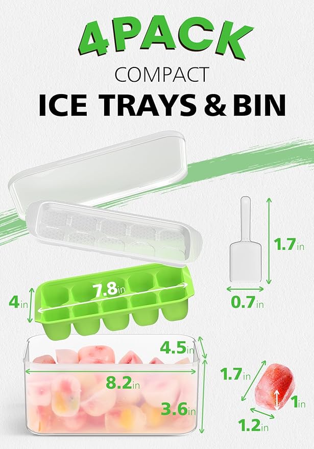DOQAUS Ice Cube Tray with Lid and Bin, 4 Pack Easy Pop Out Silicone Ices Cubes Trays for Freezer with Cover, Stackable Compact Ice Bucket Kits, for Soup, Food, Cocktail, Coffee-NeatNest