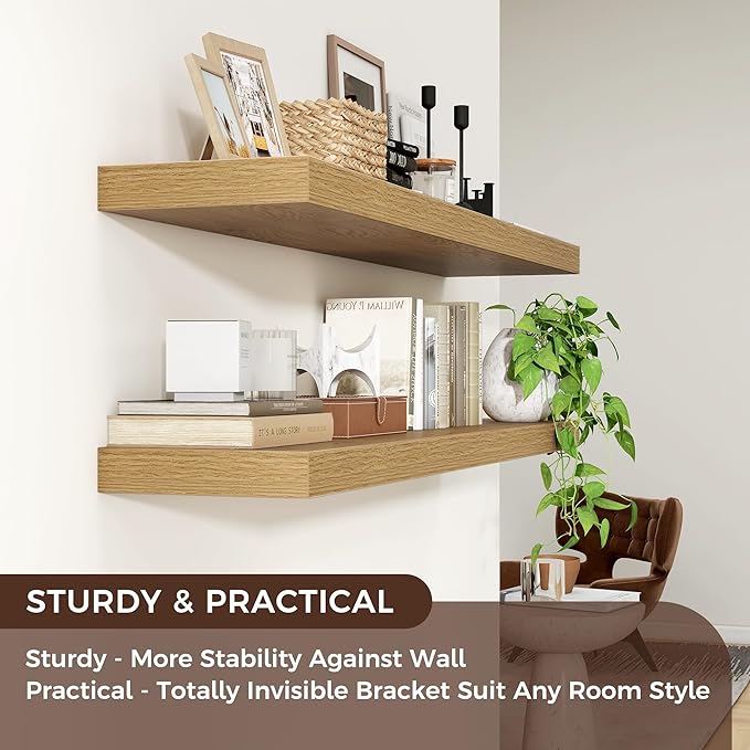Floating Shelves for Wall, 48"W x 9"D x 1.5"H, 2 Pack of Long Wall Mounted Engineered Wood Shelves with Invisible Brackets for Living Room, Bedroom, Bathroom, Kitchen Decor and Storage, Oak-NeatNest