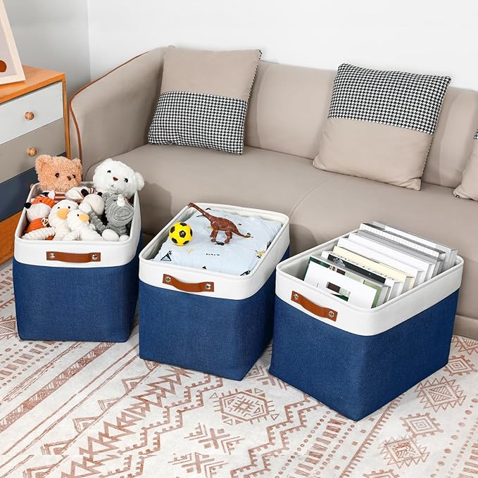 DULLEMELO Large Storage Baskets, Fabric Storage Bins for Organizing Foldable Linen Shelf Baskets for Clothes, Toys, Closet, Laundry (White&Blue,16"x12"x12"-1 Pack)-NeatNest