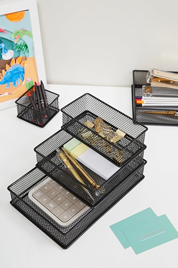 Annova Mesh Stackable Drawer Cabinet and Shelf Organizer Bins Storage Basket School Office Supply Holder Tray- Set of 2 (Black, 3x9x2 Inch)-NeatNest