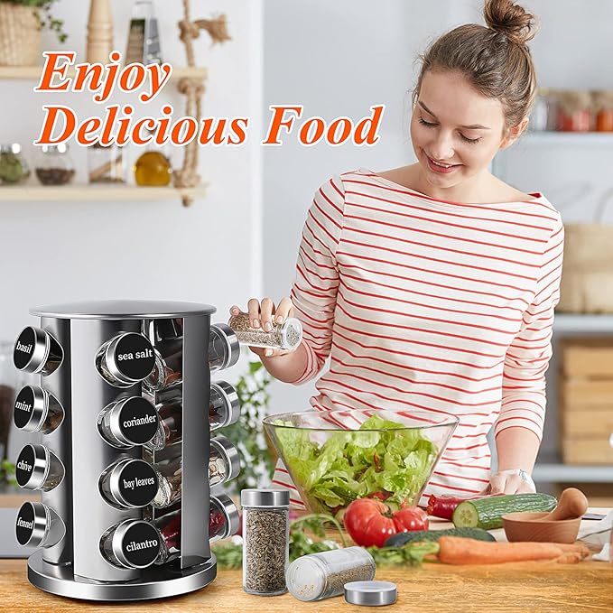 DOUBLE 2 C Revolving Countertop Spice Rack Stainless Steel Seasoning Storage Organization,Spice Carousel Tower for Kitchen Set of 16 Jars (16Jars)-NeatNest
